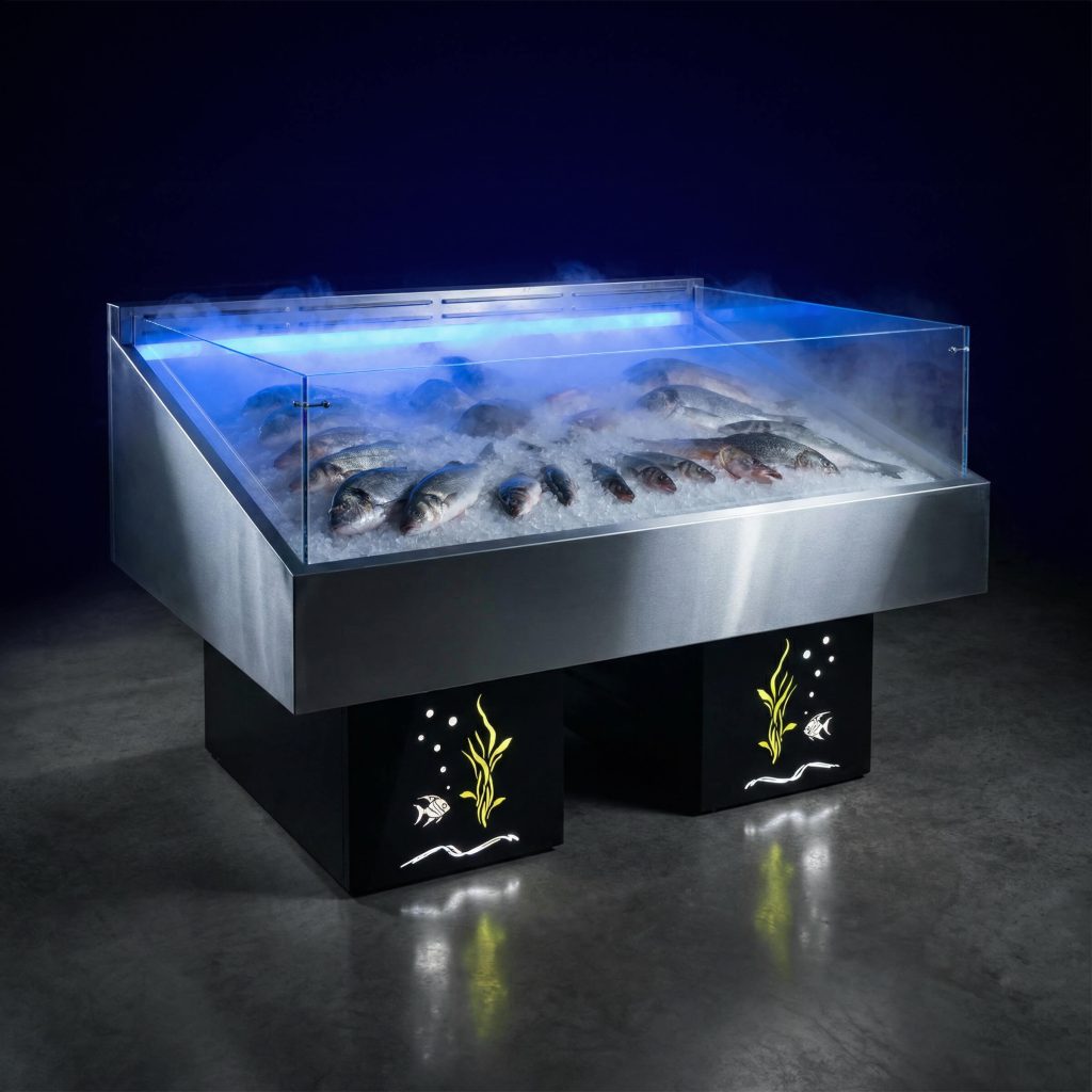 Витрина для выкладки рыбы на льду с охлаждением и системой туманообразования VFgt