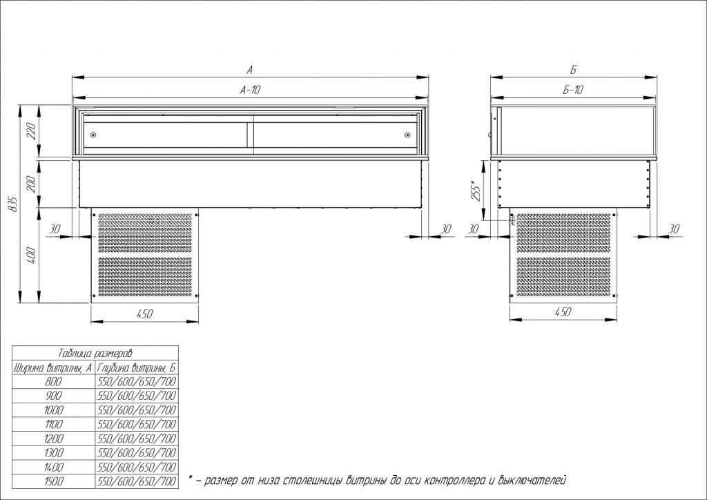Техническая схема Схема встраиваемой кондитерской витрины Glassier58