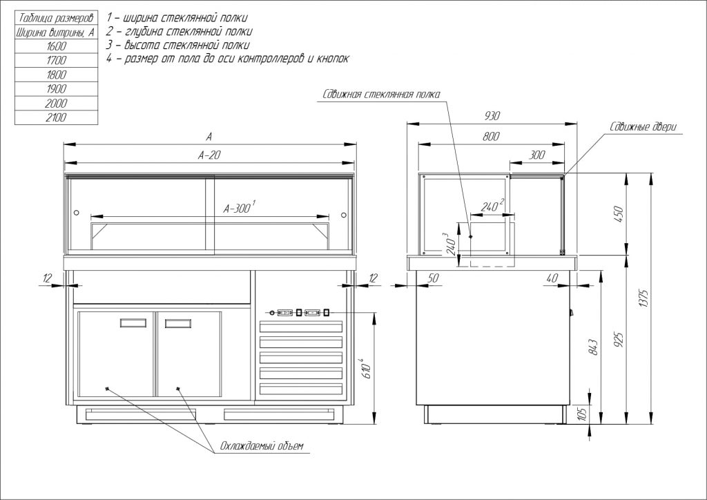 Схема напольной кондитерской витрины Maria от производителя Финист
