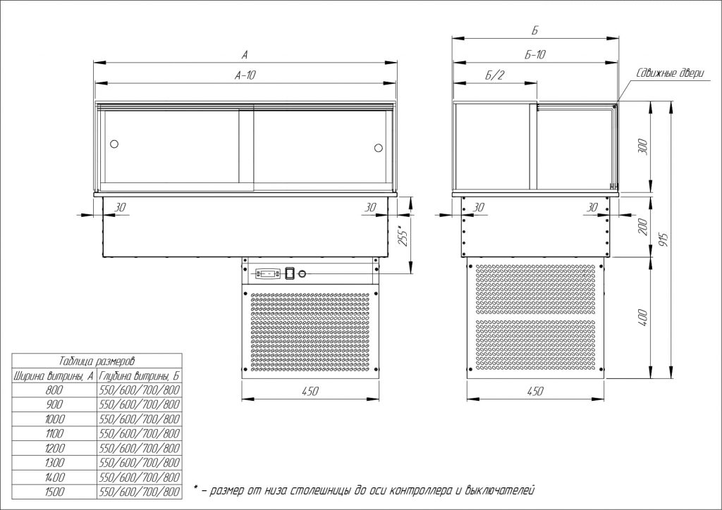 Техническая схема встраивемой кондитерской витрины Glassier M от производителя Finist